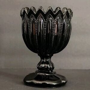 Vintage Portieux Vallerysthal Black Glass Beaded Sugar Bowl Vase Candy Dish Rare
